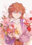  1girl artist_name bangs blue_eyes blurry blurry_background braid brown_hair brown_shirt brown_skirt cardigan child closed_mouth commentary_request dated daylight919 falling_petals floral_background flower haibara_ai hair_between_eyes hair_ribbon holding holding_flower long_sleeves looking_at_viewer meitantei_conan open_cardigan open_clothes petals pleated_skirt purple_cardigan purple_ribbon ribbon shirt shirt_tucked_in short_hair single_braid skirt smile solo standing twitter_username watermark web_address white_background 