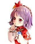  1girl blush commentary_request ginkgo_leaf hair_ornament hand_up highres leaf_hair_ornament long_sleeves mirror purple_hair red_eyes red_shirt shirt short_hair simple_background smile solo tatuhiro touhou upper_body white_background white_shirt yasaka_kanako younger 