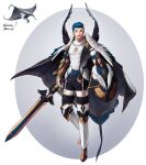  1boy abs black_pants blue_hair cape covered_abs full_body gloves highres holding holding_sword holding_weapon male_focus manta_ray open_mouth original pants rinotuna shadow short_hair smile solo sparkle standing sword weapon white_gloves 