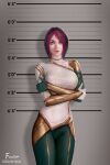  1girl black_hair blue_eyes breasts crossed_arms fiora_laurent firolian gloves height_chart highres large_breasts league_of_legends lips looking_at_viewer mugshot multicolored_hair pants redhead short_hair solo standing 