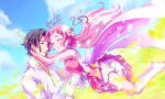  1boy 1girl arm_around_neck barefoot black_hair closed_eyes closed_mouth floating_hair flower george_kurai hair_flower hair_intakes hair_ornament hair_ribbon half-closed_eyes highres hug hugtto!_precure kyoutsuugengo long_hair long_sleeves miniskirt nono_hana pink_flower pink_hair pink_shirt pink_skirt pleated_skirt precure red_ribbon ribbon shiny shiny_hair shirt short_hair short_shorts shorts shorts_under_skirt skirt sleeveless sleeveless_shirt smile very_long_hair white_shirt white_shorts 