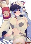  1girl animal_print bangs blue_hair blunt_bangs blush bottle breasts cow_hat cow_horns cow_print detached_sleeves draph earrings eyebrows_visible_through_hair granblue_fantasy highres horns huge_breasts jewelry long_hair looking_at_viewer milk_bottle navel open_mouth pointy_ears print_headwear print_legwear red_eyes shatola_(granblue_fantasy) sheer_clothes shiroie_mika shorts simple_background sitting solo_focus sweat thigh-highs thighs unbuttoned_shorts very_long_hair white_background white_legwear white_shorts 