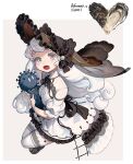  1girl black_footwear black_headwear doll dress frilled_hat frills grey_eyes hat highres holding long_hair looking_at_viewer open_mouth original oyster rinotuna shadow shoes short_sleeves solo thigh-highs white_dress white_hair white_legwear 