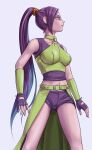 black_gloves breasts chinyan choker collarbone commentary_request dragon_quest dragon_quest_xi gloves green_choker hair_ornament hair_scrunchie highres large_breasts long_hair looking_away martina_(dq11) midriff navel o-ring o-ring_top purple_hair purple_shorts red_scrunchie scrunchie shorts very_long_hair violet_eyes waist_cape 