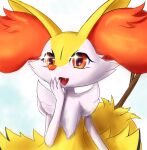  1girl :3 animal_ear_fluff animal_ears animal_nose body_fur braixen commentary english_commentary eryz fangs flat_chest fox_ears fox_girl fox_tail furry gen_6_pokemon hand_to_own_mouth hand_up happy highres open_mouth pokemon pokemon_(creature) red_eyes simple_background smile snout solo sparkle sparkling_eyes stick tail two-tone_fur upper_body white_background white_fur yellow_fur 