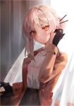  1girl absurdres black_gloves blush borrowed_character breasts coat commentary_request gloves highres huge_filesize long_hair looking_at_viewer orange_eyes original solo two_(buttoniris) white_hair yoru_(yowuyoru) 