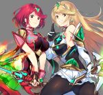  2girls ass bangs black_gloves black_legwear blonde_hair breasts chest_jewel dress earrings elbow_gloves fingerless_gloves gem gloves headpiece highres jewelry large_breasts long_hair multiple_girls mythra_(xenoblade) negresco pantyhose pyra_(xenoblade) red_eyes red_shorts redhead short_dress short_hair short_shorts shorts simple_background super_smash_bros. swept_bangs sword thigh_strap tiara very_long_hair weapon white_dress white_gloves xenoblade_chronicles_(series) xenoblade_chronicles_2 yellow_eyes 