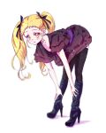  1girl bent_over black_dress black_footwear black_legwear black_ribbon blonde_hair blush boots collarbone dress full_body hair_ribbon high_heel_boots high_heels jewelry kasugano_urara_(yes!_precure_5) knee_boots kyoutsuugengo long_hair open_mouth precure ribbon ring shiny shiny_hair short_dress short_sleeves simple_background solo thigh-highs twintails very_long_hair white_background yellow_eyes yes!_precure_5 