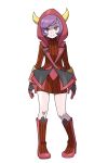  1girl asatsuki_(fgfff) bangs boots closed_mouth commentary_request courtney_(pokemon) dress fake_horns full_body gloves highres hood hood_up horns knees looking_at_viewer pokemon pokemon_(game) pokemon_oras purple_hair red_dress ribbed_dress shiny shiny_skin short_hair smile solo standing team_magma transparent_background turtleneck_dress violet_eyes 