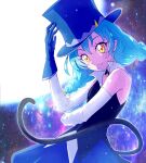  1girl :3 bangs black_choker blue_cat blue_gloves blue_hair blue_headwear blue_jacket blue_skirt blush braid cat_tail choker detached_sleeves eyebrows_visible_through_hair gloves hair_between_eyes highres jacket kyoutsuugengo long_hair long_sleeves pleated_skirt pointy_ears precure shiny shiny_hair skirt sleeveless sleeveless_jacket solo standing star_twinkle_precure tail twin_braids twintails white_sleeves yellow_eyes yuni_(precure) 