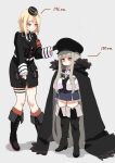  2girls absurdly_long_hair absurdres blonde_hair blush boots brown_eyes cape girls_frontline grey_hair hat height_difference highres kar98k_(girls_frontline) knee_boots long_hair medium_hair mp40_(girls_frontline) multiple_girls red_eyes sidelocks sweatdrop thigh-highs thigh_boots toryu_fufu very_long_hair 