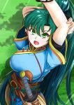  1girl bangs blue_dress boo_cipher breasts dress fingerless_gloves fire_emblem gloves green_eyes green_hair highres katana long_hair looking_at_viewer looking_up lyn_(fire_emblem) open_mouth ponytail rope_belt sword thighs weapon 