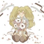  1girl bangs birthday black_legwear blonde_hair blue_shirt blush bouquet character_name closed_eyes confetti dated eyebrows_visible_through_hair flower gambier_bay_(kancolle) happy_birthday holding holding_bouquet kantai_collection long_hair petals pink_flower purple_flower shirt short_sleeves shorts simple_background sitting smile solo sukekiyo_(skky_0) thigh-highs twintails twitter_username white_background white_flower white_footwear 
