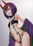  1girl absurdres bangs bare_shoulders blush bob_cut breasts collarbone eyeliner fate/grand_order fate_(series) headpiece highres horns japanese_clothes kimono long_sleeves looking_at_viewer makeup navel off_shoulder oni oni_horns open_mouth purple_hair purple_kimono revealing_clothes short_hair shuten_douji_(fate) skin-covered_horns small_breasts smile thighs violet_eyes wide_sleeves yamachi_(xadp7533) 