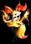  1girl animal_ear_fluff animal_ears animal_nose artist_name black_background black_fur blue_eyes body_fur braixen closed_mouth commentary crossed_legs dated embers english_commentary eryz fire flat_chest fox_ears fox_girl fox_tail full_body furry gen_6_pokemon happy highres holding holding_stick index_finger_raised jpeg_artifacts looking_at_viewer outstretched_arms paws pokemon pokemon_(creature) pyrokinesis signature simple_background smile snout solo standing stick tail white_fur yellow_fur 