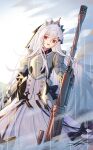  1girl adapted_costume armor armored_dress gauntlets girls_frontline grey_hair highres iws-2000_(girls_frontline) knight long_hair red_eyes solo unitaka very_long_hair white_hair 