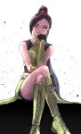  1girl bare_shoulders black_gloves black_shirt black_shorts boots chinyan choker collarbone crossed_legs dragon_quest dragon_quest_xi fingerless_gloves gloves green_choker green_footwear green_shirt green_wristband hair_ornament hair_scrunchie head_rest highres long_hair looking_at_viewer martina_(dq11) o-ring o-ring_top ponytail purple_hair red_scrunchie scrunchie shirt shorts sitting solo two-tone_shirt very_long_hair violet_eyes white_background wristband 
