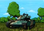  caterpillar_tracks clouds commentary_request daijobuda day flower forest grass ground_vehicle gun machine_gun military military_vehicle motor_vehicle mountain nature no_humans sky tank tree type_74 war_thunder weapon 