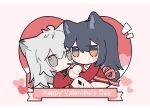  2girls animal_ear_fluff animal_ears arknights bangs black_eyes black_hair black_shirt blush brown_eyes chibi closed_mouth collared_shirt food food_in_mouth grey_eyes grey_hair hair_between_eyes happy_valentine heart jacket lappland_(arknights) long_sleeves looking_at_viewer mouth_hold multiple_girls notice_lines open_clothes open_jacket pink_background pocky red_jacket shirt texas_(arknights) valentine white_shirt xijian 