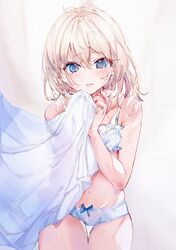  1girl bangs blonde_hair blue_bra blue_eyes blue_panties bra breasts cowboy_shot curtain_grab curtains eyebrows_visible_through_hair highres medium_hair no_pants no_shirt original panties shia_job small_breasts solo tears thighs underwear 