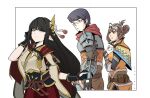  1boy 2girls :t armor artist_self-insert black_hair capelet distracted_boyfriend_(meme) english_commentary facial_hair folded_ponytail goatee goggles goggles_on_head handler_(monster_hunter_world) hetero highres hinoa japanese_armor japanese_clothes jealous jon_eve long_hair looking_back low-tied_long_hair meme monster_hunter:_world monster_hunter_(series) monster_hunter_rise multiple_girls pointy_ears pout short_hair yellow_eyes 