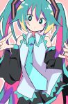  1girl absurdres aqua_eyes aqua_hair aqua_neckwear bare_shoulders black_skirt blush_stickers collared_shirt commentary_request cowboy_shot detached_sleeves dot_nose eyebrows_visible_through_hair eyes_visible_through_hair grey_shirt hair_between_eyes hands_up hatsune_miku highres long_hair long_sleeves looking_at_viewer miniskirt n40a1 necktie outline pleated_skirt shiny shiny_hair shirt skirt sleeveless sleeveless_shirt solo twintails very_long_hair vocaloid white_outline 