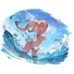  1girl :d armpits arms_up ass_visible_through_thighs bangs bikini bikini_skirt bird blonde_hair blue_eyes blue_sky blush clouds dark_skin dark-skinned_female day fish fisheye gradient_hair granblue_fantasy green_hair io_euclase lips long_hair looking_at_viewer minaba_hideo multicolored_hair navel ocean official_art open_mouth outdoors palm_tree parted_bangs shirt_lift sky smile solo standing swimsuit transparent_background tree twintails upper_teeth very_long_hair wading water wet 