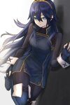  1girl bangs black_sweater blue_eyes blue_hair boots fire_emblem fire_emblem_awakening hair_between_eyes leaning_to_the_side leg_up long_hair long_sleeves looking_at_viewer lucina_(fire_emblem) pants parted_lips solo sweater thigh-highs thigh_boots tiara turtleneck turtleneck_sweater user_ywpd8853 very_long_hair wall wrist_cuffs 