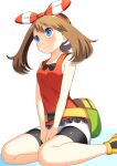  1girl absurdres bangs bare_arms bike_shorts blue_eyes bow_hairband breasts brown_hair closed_mouth commentary_request eyelashes fanny_pack from_below hairband highres light_blush long_hair may_(pokemon) pokemon pokemon_(game) pokemon_oras shirt shoes shorts sitting sleeveless sleeveless_shirt smile solo white_shorts yuihico 
