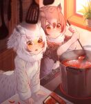  2girls arm_support bangs black_hair blush brown_hair brown_jacket chili_pepper closed_mouth coat cooking drooling eurasian_eagle_owl_(kemono_friends) food gradient_hair hair_between_eyes highres indoors jacket kemono_friends kitchen ladle leaning_forward long_sleeves multicolored_hair multiple_girls northern_white-faced_owl_(kemono_friends) open_mouth orange_eyes owl_ears owl_girl plant pot potted_plant red_eyes silver_hair soup spatula st.takuma steam tongs v-shaped_eyebrows white_coat 