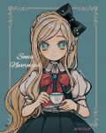  1girl artist_name bangs black_bow blonde_hair blue_eyes blush bow braid character_name closed_mouth collared_shirt commentary_request cowboy_shot cup dangan_ronpa_(series) dangan_ronpa_2:_goodbye_despair dated dress french_braid green_background green_dress green_eyes hair_bow highres holding holding_cup jewelry long_hair looking_at_viewer mameeekueya puffy_short_sleeves puffy_sleeves red_bow red_neckwear shirt short_hair short_sleeves skirt smile solo sonia_nevermind swept_bangs 