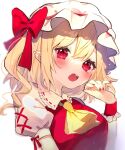  1girl arm_up ascot blonde_hair blush bow breasts chikuwa_(tikuwaumai_) commentary_request eyebrows_visible_through_hair flandre_scarlet hat hat_bow highres large_breasts looking_at_viewer mob_cap nail_polish no_wings one_side_up open_mouth puffy_short_sleeves puffy_sleeves red_bow red_eyes red_nails shirt short_hair short_sleeves simple_background solo touhou upper_body upper_teeth white_background white_headwear white_shirt wrist_cuffs yellow_neckwear 