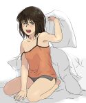  1girl black_hair brown_eyes camisole full_body grey_shorts highres holding holding_pillow kantai_collection looking_at_viewer open_mouth orange_camisole pillow sendai_(kancolle) sendai_(kantai_collection) short_hair shorts simple_background sitting sleepwear solo strap_slip translation_request under_covers wariza white_background yoshizawa_tamae 