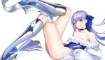  1girl absurdres bangs bare_shoulders blue_eyes blue_ribbon blush breasts choker collarbone fate/grand_order fate_(series) frills greaves grin hair_ribbon highleg highleg_swimsuit highres jihooday legs long_hair long_sleeves looking_at_viewer meltryllis_(fate) meltryllis_(swimsuit_lancer)_(fate) off-shoulder_swimsuit off_shoulder one-piece_swimsuit prosthesis prosthetic_leg puffy_sleeves purple_hair ribbon sleeves_past_fingers sleeves_past_wrists small_breasts smile swimsuit very_long_hair 