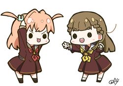  2girls :3 absurdres blush brown_dress brown_hair chibi commentary_request dress full_body hasu_no_sora_school_uniform highres hinoshita_kaho kachimachi_kosuzu link!_like!_love_live! long_sleeves looking_at_another love_live! medium_hair multiple_girls neckerchief oofushi_ao open_mouth orange_hair red_neckerchief sailor_collar school_uniform signature simple_background solid_oval_eyes standing v-shaped_eyebrows virtual_youtuber white_background white_sailor_collar winter_uniform yellow_neckerchief 