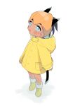  1boy animal_ears black_hair blue_eyes blush boots bright_pupils buttons coat earrings full_body highres hood hood_down jewelry looking_up male_focus mp241 orange_headwear parted_lips pokemon pokemon_(game) pokemon_swsh raihan_(pokemon) solo symbol_commentary tail white_background yellow_coat yellow_footwear younger 