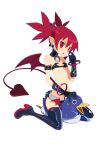  1girl absurdres bangle bangs belt black_choker black_footwear black_gloves black_shorts blush boots bracelet breasts choker disgaea earrings etna full_body gloves hair_between_eyes high_heel_boots high_heels highres jewelry pointy_ears prinny red_eyes redhead short_shorts short_twintails shorts simple_background sitting sitting_on_person skull_earrings small_breasts tail thigh-highs thigh_boots thighhighs_under_boots twintails tyasuzu white_background white_belt wings 
