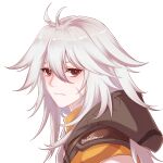  1boy antenna_hair brill_p closed_mouth genshin_impact grey_hair hair_between_eyes highres hood hood_up long_hair looking_at_viewer male_focus razor_(genshin_impact) red_eyes scar scar_on_face simple_background solo twinte white_background 