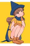  1girl alena_(dq4) blush boots brown_eyes brown_hair cape curly_hair dragon_quest dragon_quest_iv dress full_body gloves hat head_rest long_hair looking_at_viewer miyama_(kannsannn) simple_background smile solo squatting 