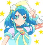  1girl arm_up blue_choker blue_eyes blue_hair choker closed_mouth collarbone cure_milky floating_hair hair_ornament hairband highres kousuke0912 long_hair precure see-through shiny shiny_hair sketch smile solo star-shaped_pupils star_(symbol) star_hair_ornament star_twinkle_precure starry_background symbol-shaped_pupils upper_body v yellow_hairband 