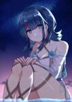  1girl bangs bare_shoulders black_hair blue_eyes blue_ribbon blush breasts collarbone dress fate/grand_order fate/requiem fate_(series) gradient_sky jewelry knees_up large_breasts long_sleeves looking_at_viewer magatama magatama_hair_ornament magatama_necklace medium_hair mitarasi_danngo multicolored_hair necklace night night_sky pelvic_curtain pink_hair puffy_long_sleeves puffy_sleeves ribbon short_dress sideboob sideless_outfit sitting sky smile star_(sky) starry_sky streaked_hair thighs utsumi_erise water white_dress 