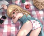  1girl apple ass blonde_hair blue_dress book cellphone commentary_request dress floral_print food fruit glasses green_eyes highres kuroshiro00 long_hair looking_at_viewer mixed-language_commentary original panties phone picnic plaid print_panties red-framed_eyewear sleeveless sleeveless_dress solo thighs underwear white_panties 