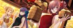  3girls abigail_williams_(fate) bamboo_steamer bangs bare_shoulders black_dress blonde_hair blue_eyes blue_ribbon blush breasts china_dress chinese_clothes dim_sum double_bun dress fate/extra fate/extra_ccc fate/grand_order fate_(series) forehead glasses hair_over_one_eye hair_ribbon highres keyhole large_breasts light_purple_hair long_hair looking_at_viewer mash_kyrielight meltryllis_(fate) multiple_girls parted_bangs purple_hair red_dress red_eyes ribbon short_hair sidelocks small_breasts smile unlock-creed very_long_hair violet_eyes white_dress 