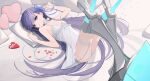  1girl bangs bare_shoulders bed bed_sheet blue_bow blue_eyes bow breasts chocolate eyebrows eyebrows_visible_through_hair fate/grand_order fate_(series) hair_bow hair_ornament highres leg_armor legs_up long_hair looking_at_viewer lying meltryllis_(fate) on_back parted_lips petals pillow purple_hair rikui_(rella2930) solo valentine 