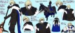  1boy areadbhar_(fire_emblem) armor bangs blonde_hair blue_background blue_cape blue_eyes cape capri_(blaue0514) commentary_request dimitri_alexandre_blaiddyd eyepatch fire_emblem fire_emblem:_three_houses fur-trimmed_cape fur_trim hair_between_eyes highres holding holding_spear holding_weapon horse long_sleeves looking_at_viewer multiple_views polearm riding short_hair simple_background spear standing translation_request weapon 