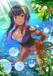  1girl aqua_nails bare_legs beast black_hair blush bracer breasts earrings flower green_hair hair_move hand_on_hip highres jewelry large_breasts looking_at_viewer moe2021 nail_polish navel open_mouth original petals petals_on_liquid purple_swimsuit reats rose_petals ru-ne smile standing standing_on_liquid sunlight swimsuit swimwear tan thigh-highs tree underwear violet_eyes water 