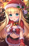  1girl akabane_(zebrasmise) bauble bell belt blonde_hair blue_eyes blurry bokeh bow bowtie capelet cowboy_shot crop_top depth_of_field fur_trim glint gloves hand_up hat highres long_hair looking_at_viewer midriff miniskirt mononobe_alice navel nijisanji open_mouth red_gloves red_headwear red_shirt red_skirt santa_costume santa_hat shirt skirt sleeveless sleeveless_shirt solo standing strapless_shirt tearing_up virtual_youtuber 