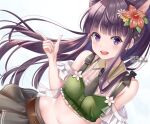  1girl :d animal_ears bare_shoulders belt black_hair black_skirt breasts collared_shirt crop_top dutch_angle extra_ears floating_hair flower frilled_shirt frills green_shirt hair_flower hair_ornament hakuda_tofu hand_up hibiscus index_finger_raised kasumi_(princess_connect!) long_hair looking_at_viewer midriff miniskirt navel necktie off_shoulder open_mouth princess_connect! princess_connect!_re:dive shirt short_necktie sidelocks simple_background skirt sleeveless sleeveless_shirt small_breasts smile solo stomach violet_eyes white_background 