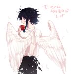  1boy angel_wings apple back black_hair braid brill_p dated feathers fingernails food fruit genshin_impact green_eyes highres holding holding_food holding_fruit looking_back male_focus parted_lips signature smile solo twitter_username wings 