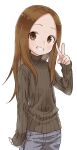  1girl absurdres blue_pants brown_eyes brown_hair brown_sweater clenched_teeth commentary_request denim flat_chest forehead hand_up highres jeans karakai_jouzu_no_takagi-san long_hair long_sleeves looking_at_viewer pants ribbed_sweater simple_background smile solo sweater takagi-san teeth turtleneck turtleneck_sweater v white_background yamamoto_souichirou 